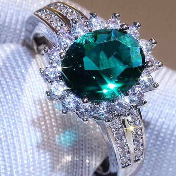 Engagement Oval Cut Emerald CZ Ring in Sterling Silver - Picture 4 of 13
